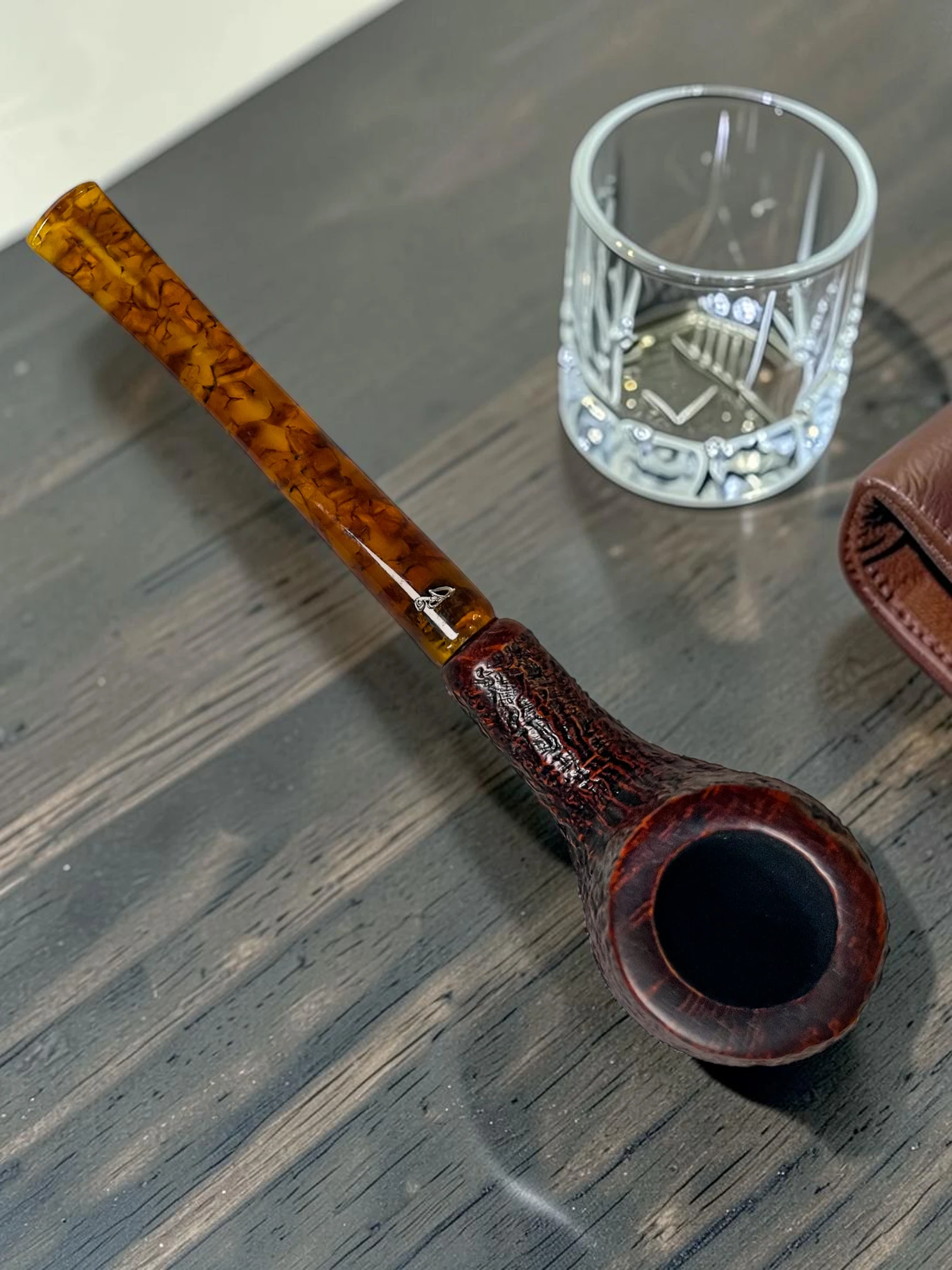 CleanTastePipe Briar Pipe #5 Italian Rusticated Bowl with Tortoise Acrylic Stem 7-Inch